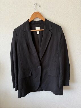 H&M Black Single-Button Women's Linen Blend Blazer Jacket